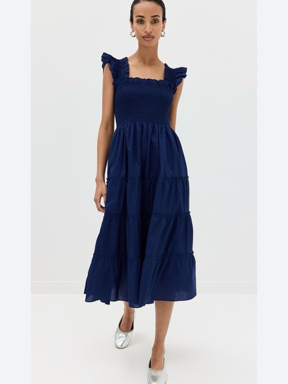 Hill House Navy Smocked Ruffle Strap Midi Dress